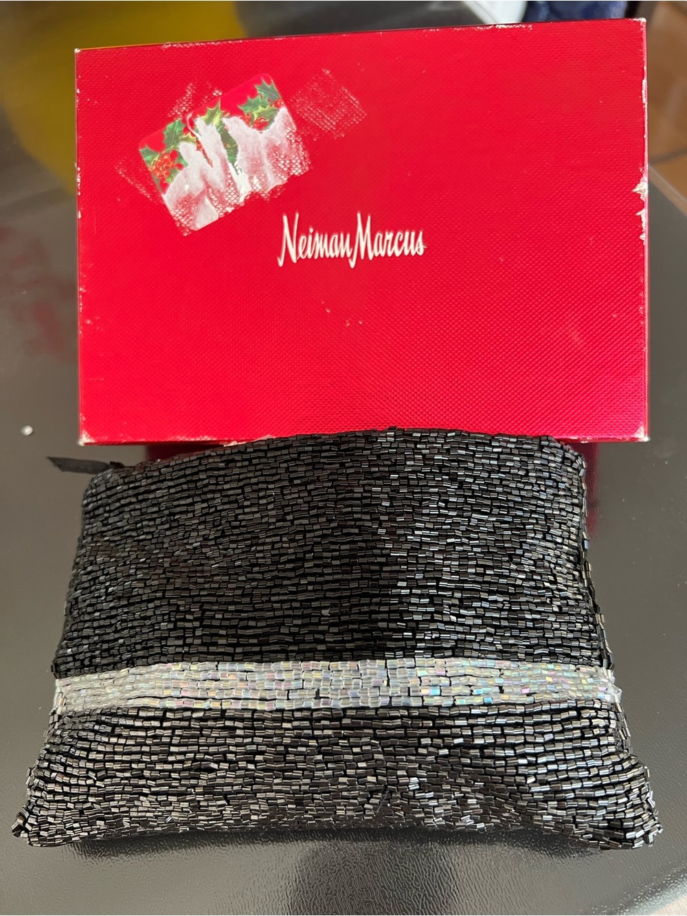 Vintage Neiman Marcus Beaded Clutch Pouch Black Iridescent Stripe Zipper Bag